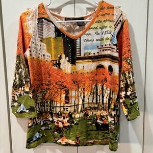 FRENCH POSTCARDS Women’s Handcrafted New York Scene 3/4 Sleeve Tee Shirt -size S